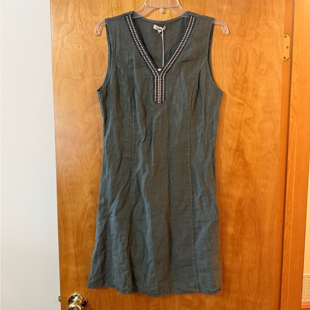 LINA TOMEI Pure Linen Shift Dress Sleeveless Beaded V-Neck NWT Medium